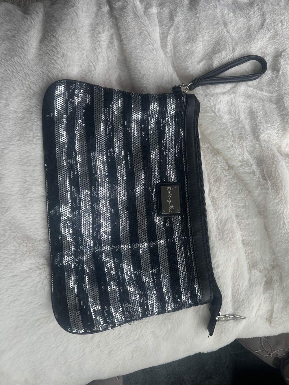 Betsey Johnson Black & Silver Sequin Stripe Wristlet